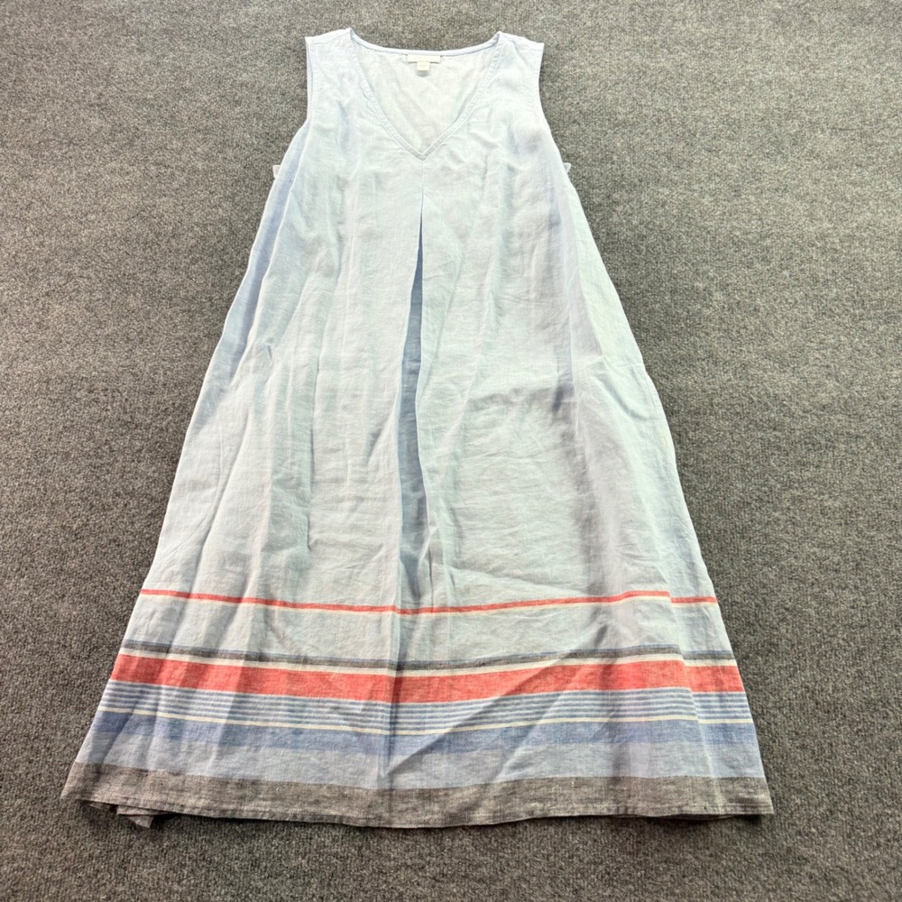 J. Jill Light Blue Midi Linen Dress with Coral and Navy Stripe Hem